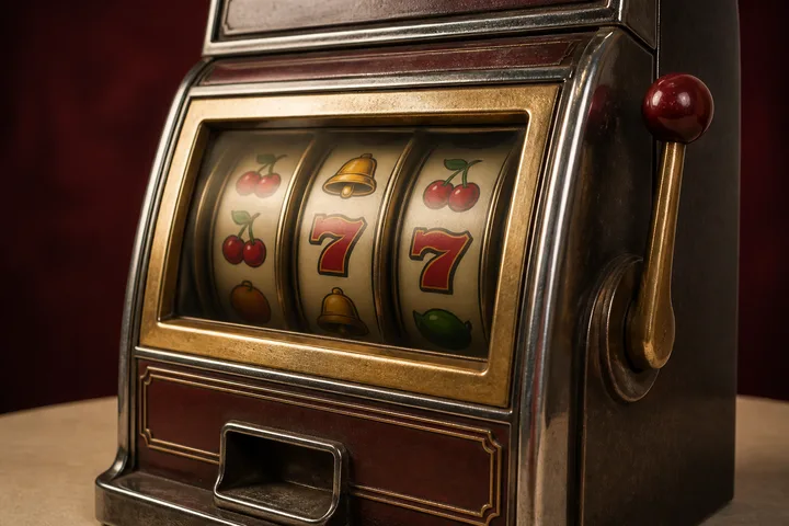 Classic three-reel pokie machine with fruit, bell and seven symbols